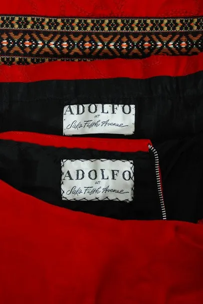 1970 Adolfo Couture Red Embroidered Velvet Bell-Sleeve Blouse & Maxi Skirt Set
