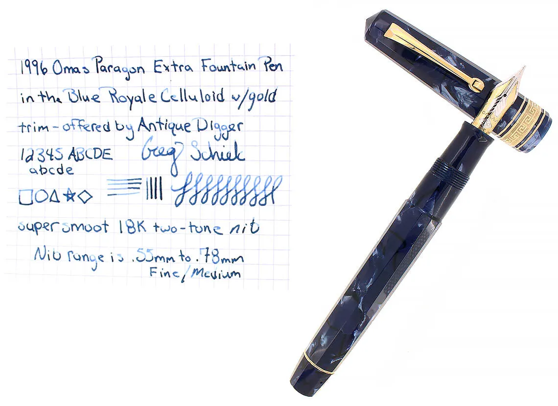 1996 OMAS EXTRA PARAGON BLUE ROYALE CELLULOID "OLD STYLE" FOUNTAIN PEN