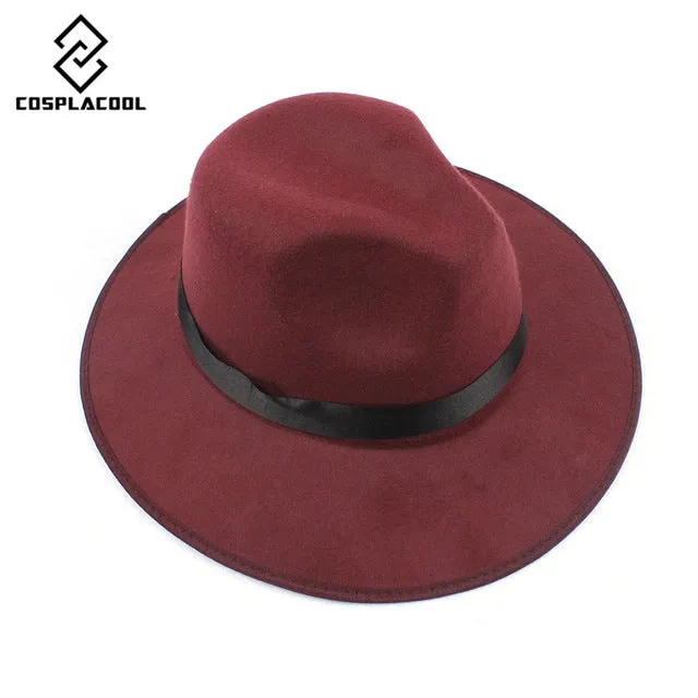 2015 New Fashion Vintage Women Wide Brim Ribbon Warm Wool Blend Felt Hat Bowler Trilby Fedora Cap Cowboy Hat