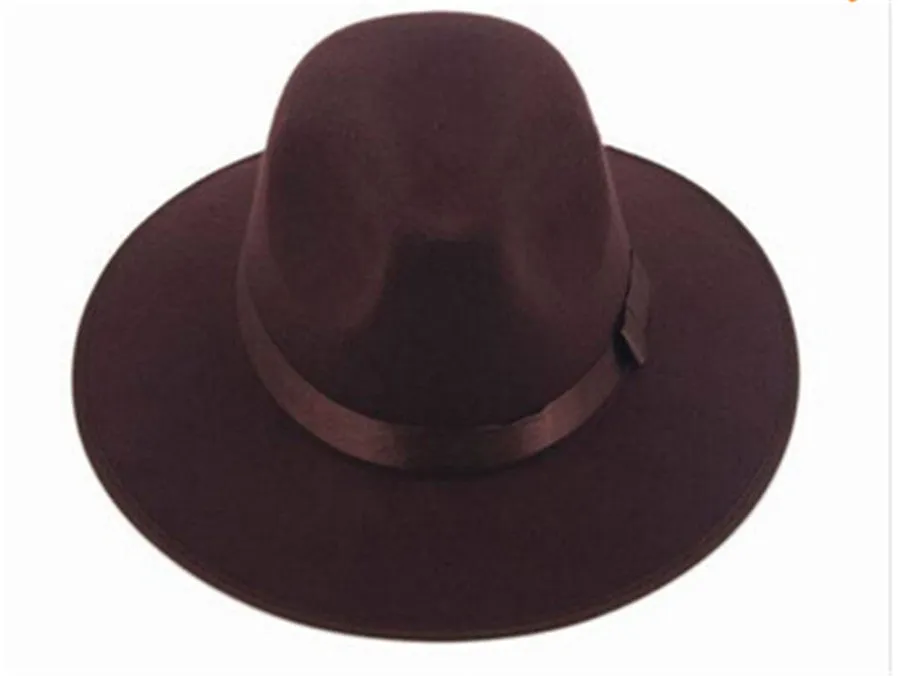 2015 New Fashion Vintage Women Wide Brim Ribbon Warm Wool Blend Felt Hat Bowler Trilby Fedora Cap Cowboy Hat