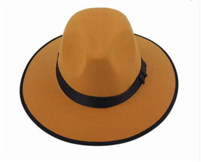 2015 New Fashion Vintage Women Wide Brim Ribbon Warm Wool Blend Felt Hat Bowler Trilby Fedora Cap Cowboy Hat