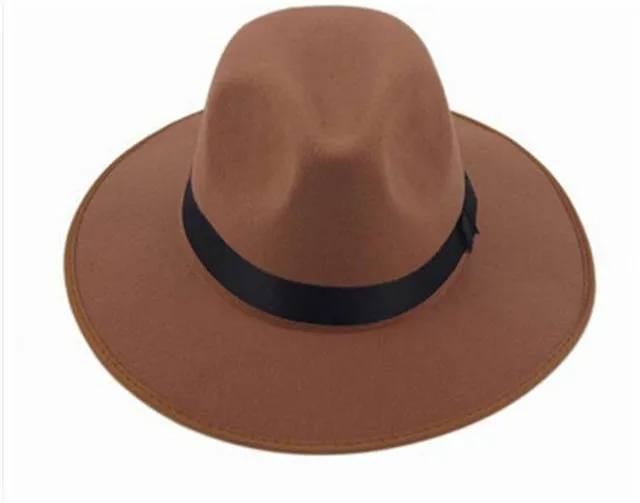 2015 New Fashion Vintage Women Wide Brim Ribbon Warm Wool Blend Felt Hat Bowler Trilby Fedora Cap Cowboy Hat