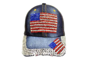 American Flag Rhinestone Jeans Denim Baseball Adjustable Bling Hat Cap