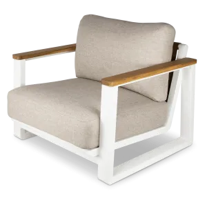 Aruba Armchair with Synthetic Leather Inset, Teak Arms, Stone Olefin Cushions and Aluminium Frame