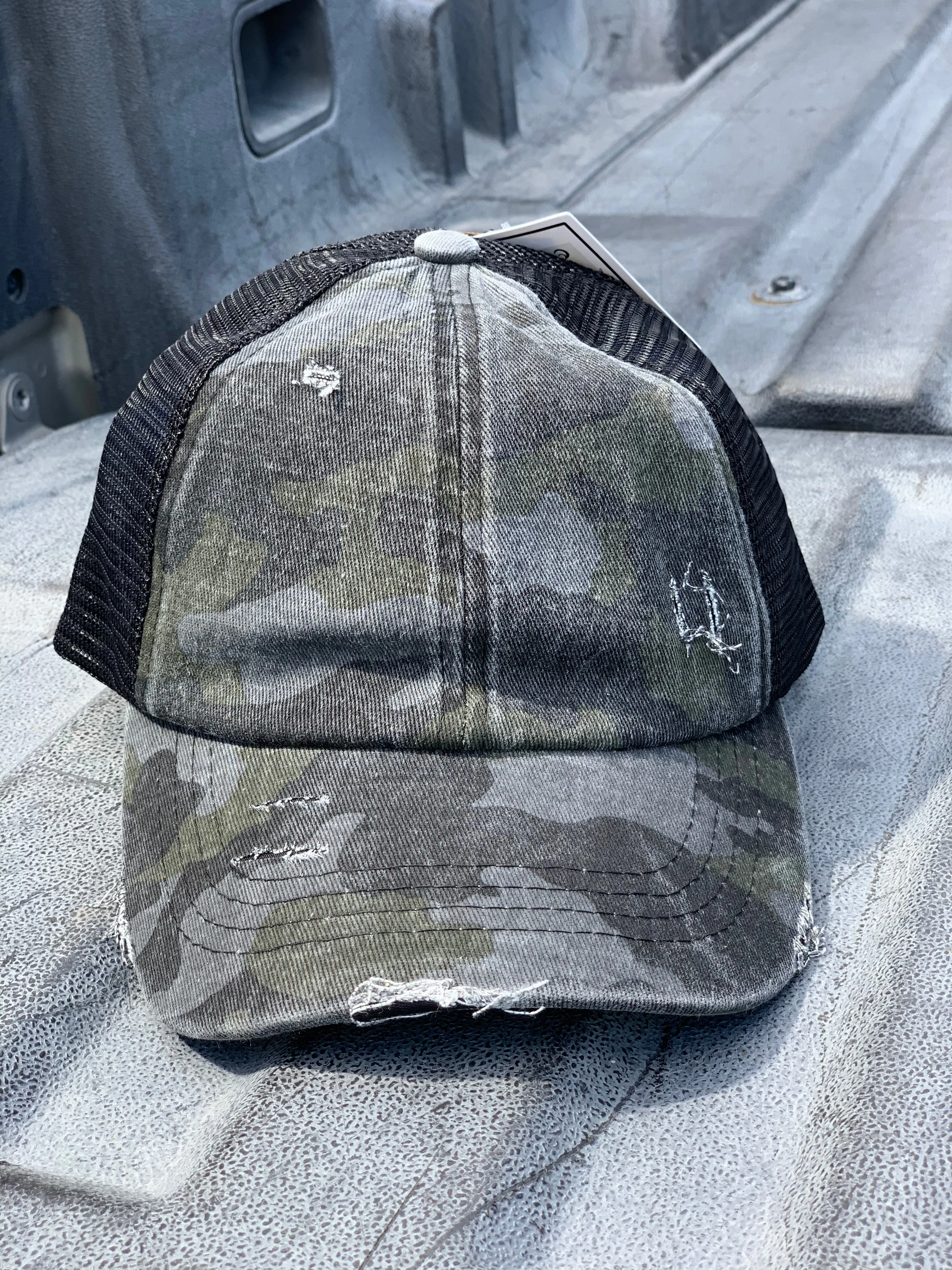 Authentic Black Camouflage CC Beanie CrissCross High Ponytail Trucker Hat Camo Distressed Wash Denim