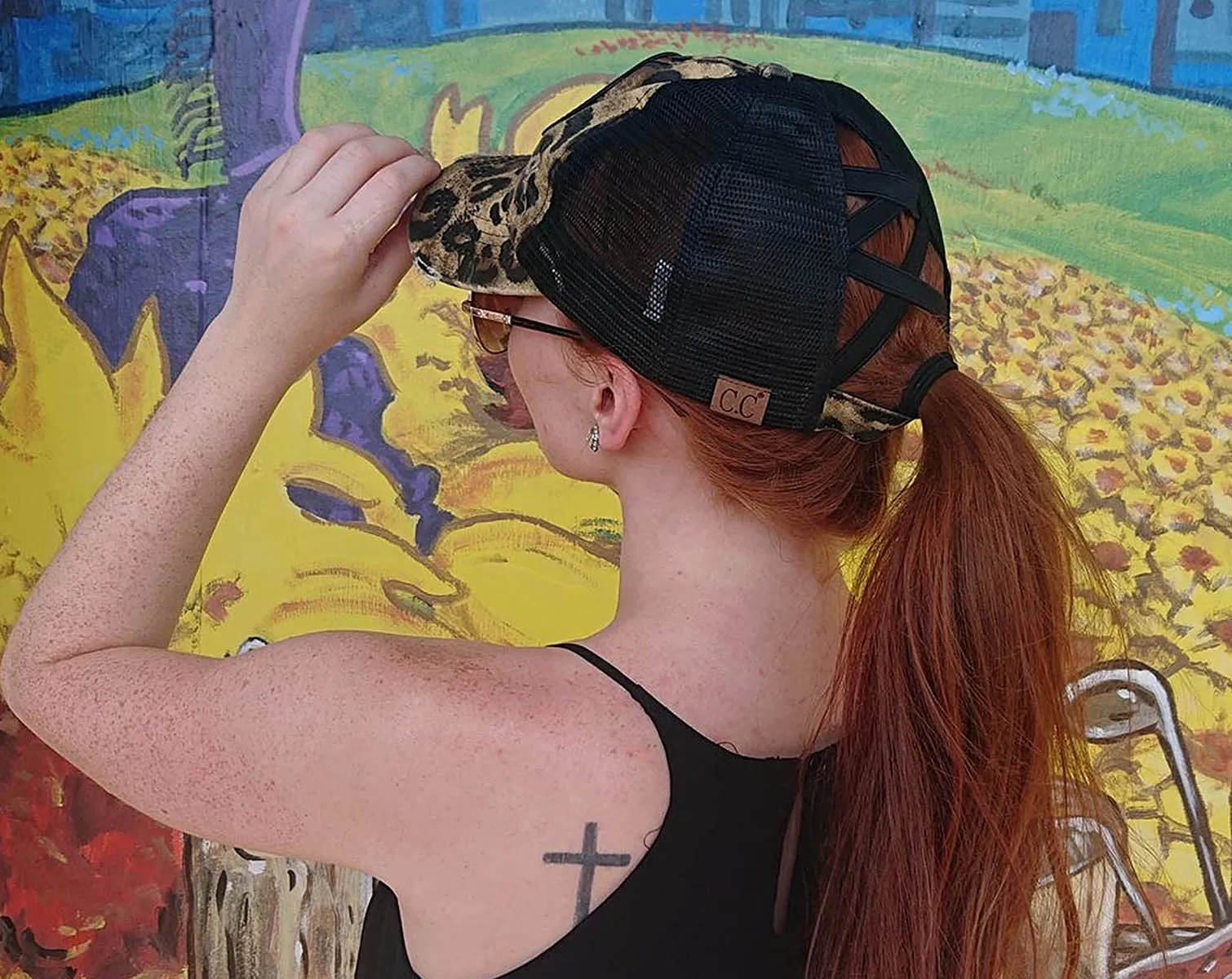 Authentic Black Camouflage CC Beanie CrissCross High Ponytail Trucker Hat Camo Distressed Wash Denim