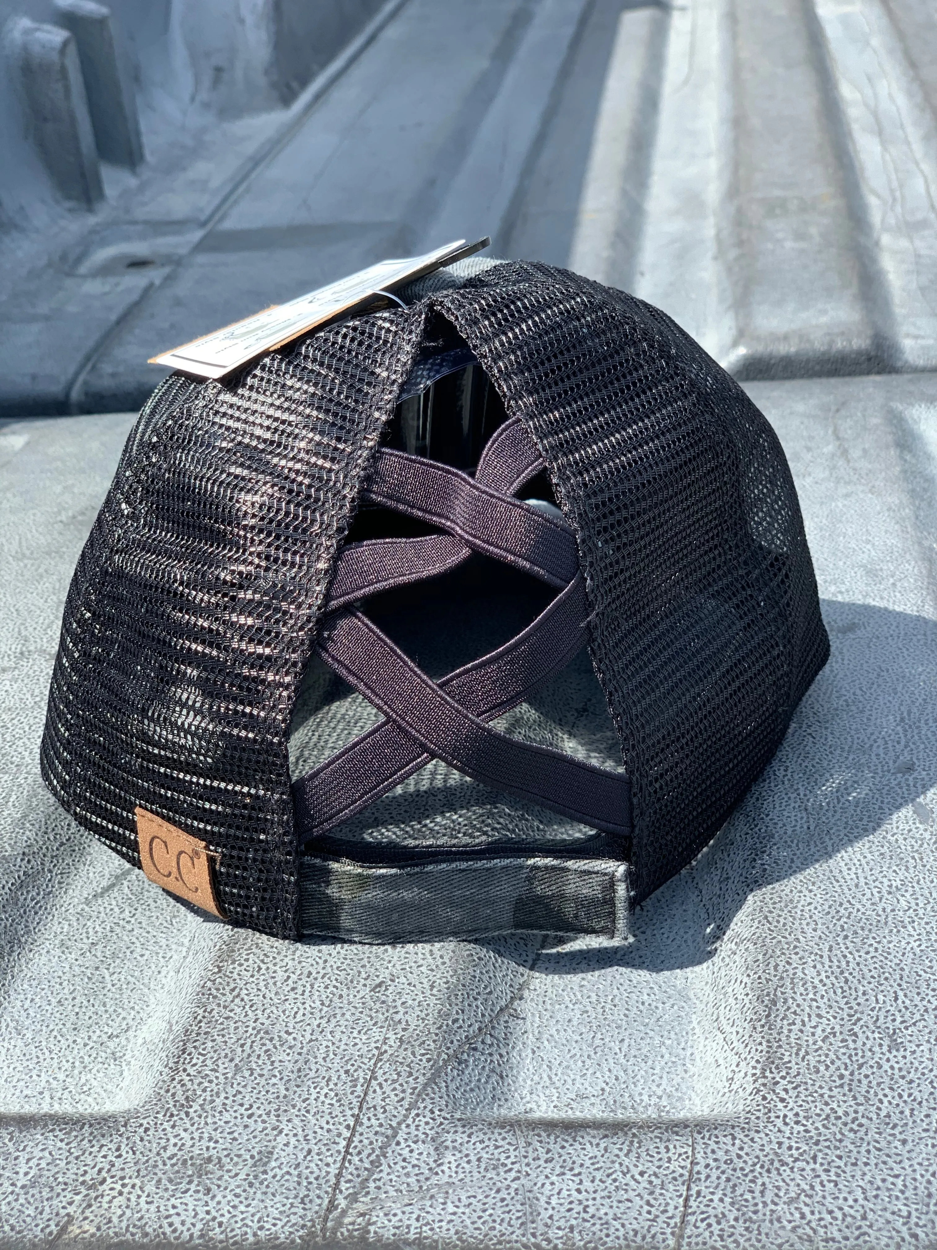 Authentic Black Camouflage CC Beanie CrissCross High Ponytail Trucker Hat Camo Distressed Wash Denim