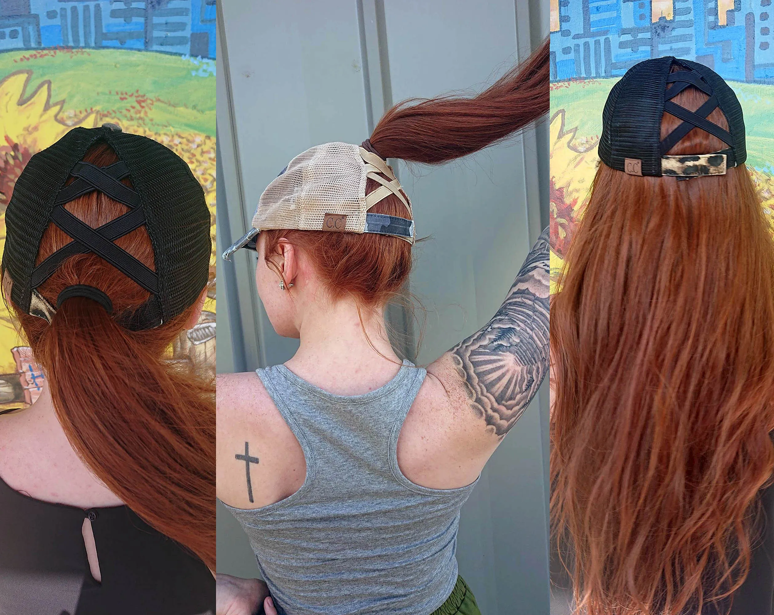 Authentic Black Camouflage CC Beanie CrissCross High Ponytail Trucker Hat Camo Distressed Wash Denim
