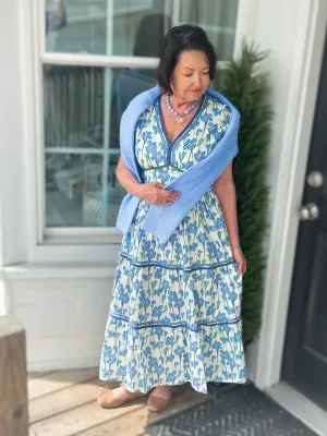Blue and Green Floral Poplin Contrast Detail Midi Dress