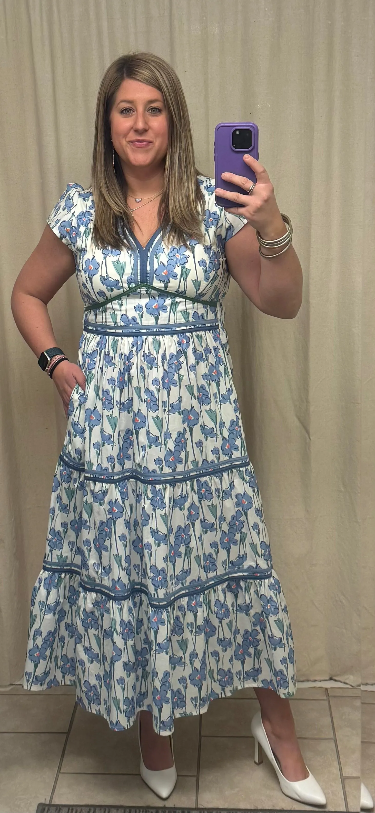 Blue and Green Floral Poplin Contrast Detail Midi Dress