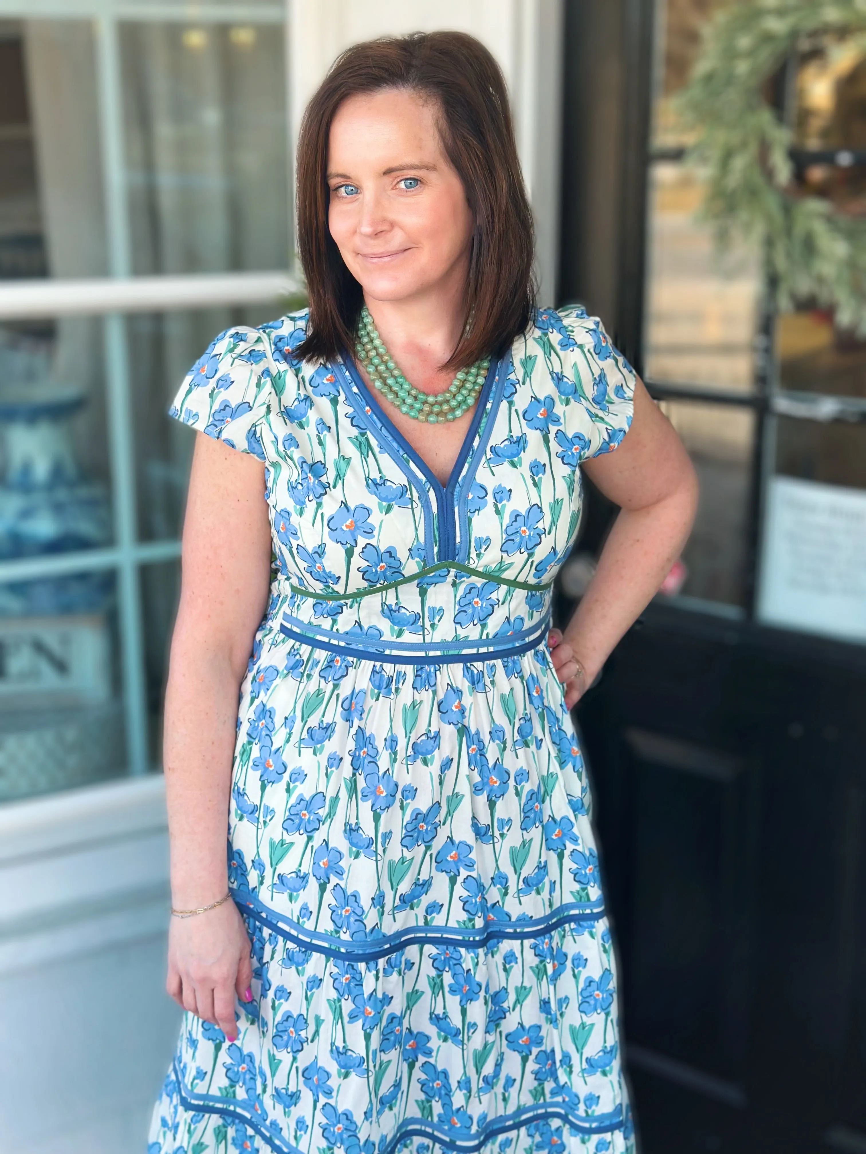 Blue and Green Floral Poplin Contrast Detail Midi Dress