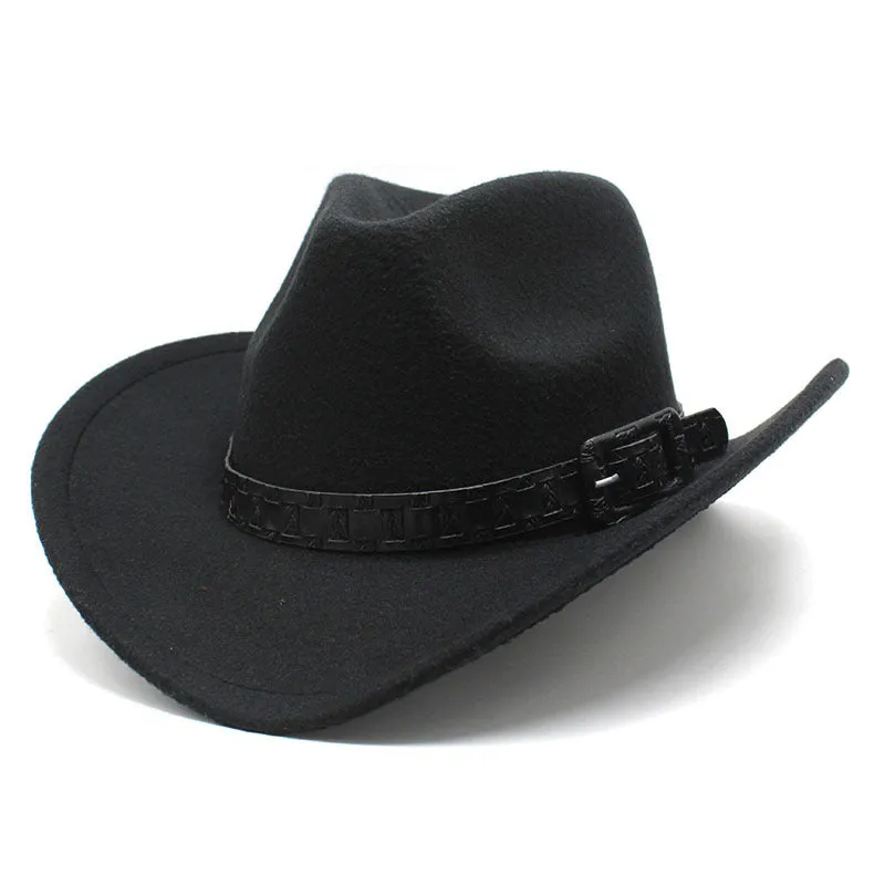 Cowboy Hats Wide Belt Woolen Western Cowboy Bowler Hat for Men Women