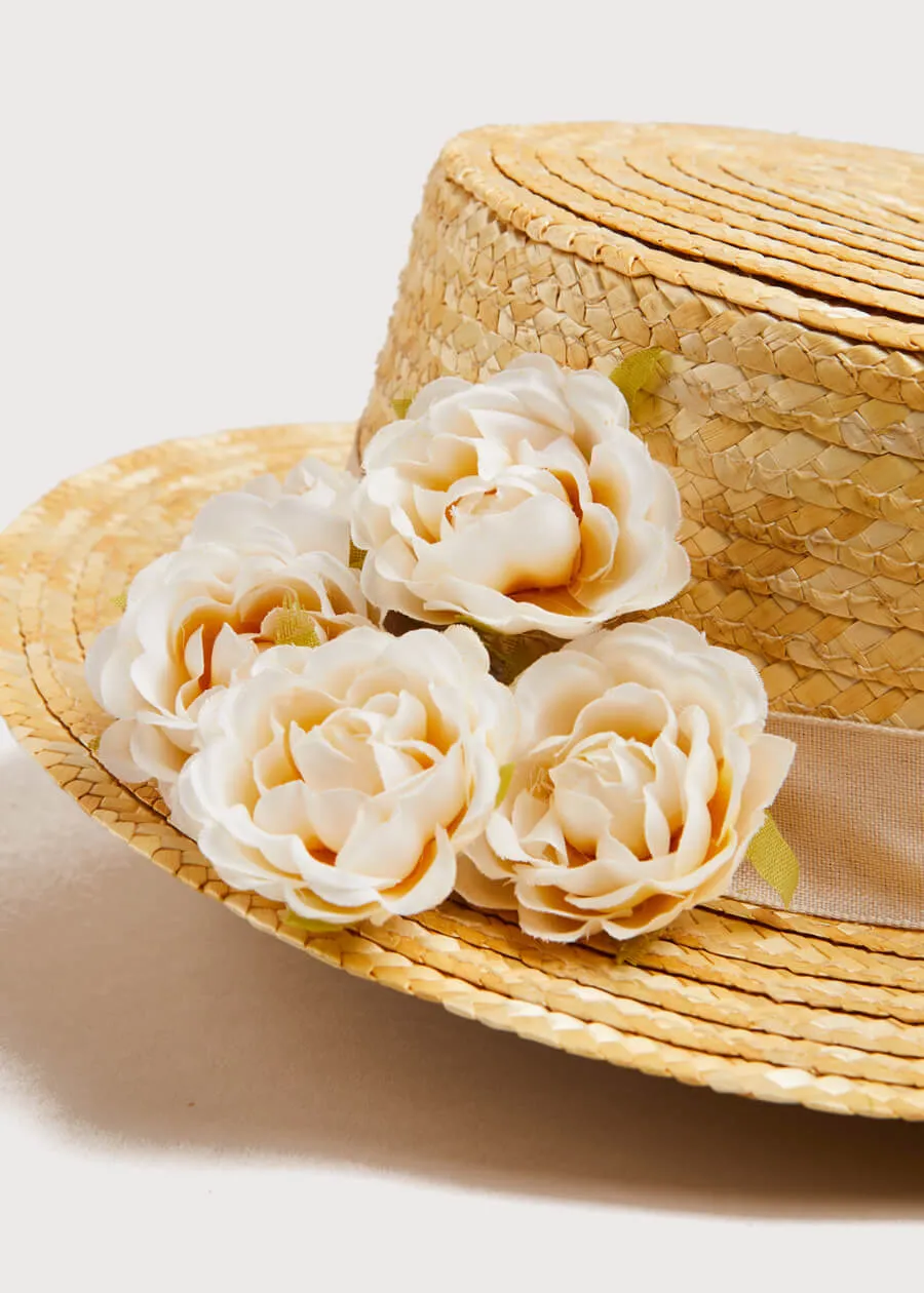Faux Flower Straw Boater Hat With Ivory Flower (S-M)