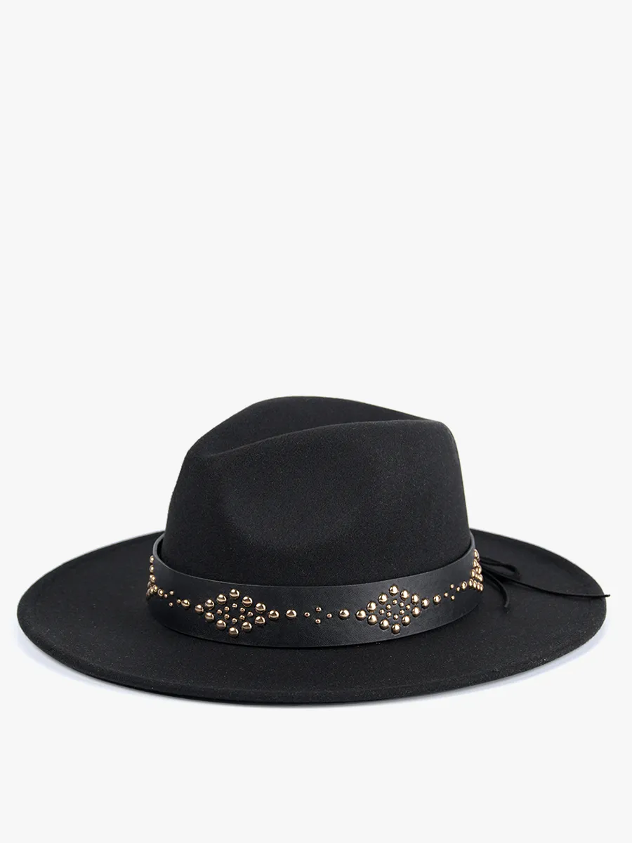 Jen & Co Glinda Grommet Trim Wide Brim Fedora Hat In Black