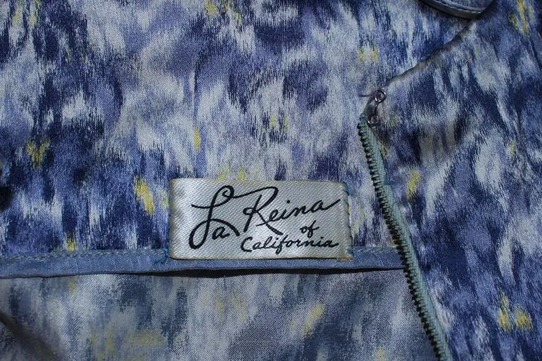 LA REINA 1950'S Blue White & Yellow Patterned Silk with Bow Tie Size 6-8