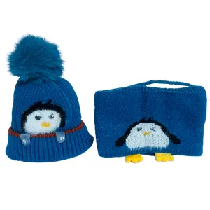 Light Blue Penguin Woven Stretchable Woolen Winter Cap For Kids With Matching Neck Muffler Set (3-10Yrs)