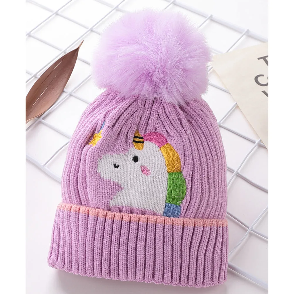 Little Surprise Box Purple Unicorn Pompom Winter Cap & matching Neck Muffler 2pcs Set, 3-8yrs