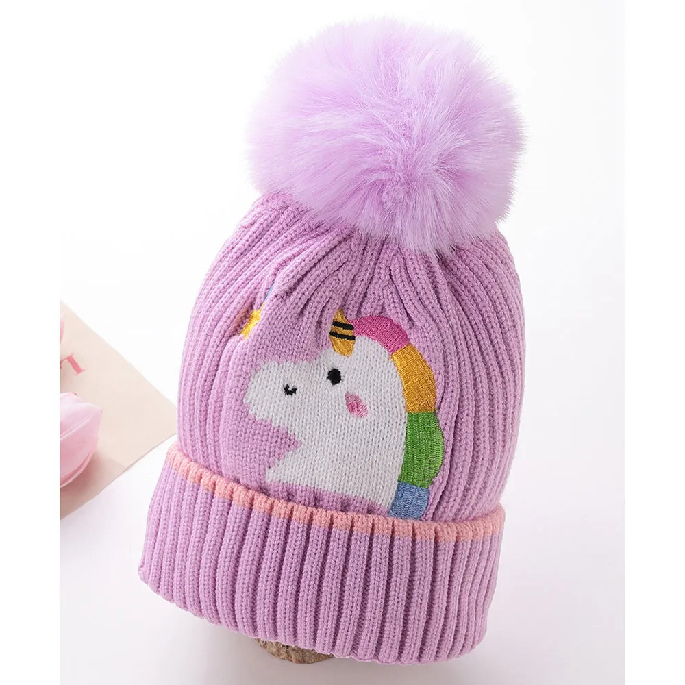 Little Surprise Box Purple Unicorn Pompom Winter Cap & matching Neck Muffler 2pcs Set, 3-8yrs