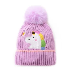 Little Surprise Box Purple Unicorn Pompom Winter Cap & matching Neck Muffler 2pcs Set, 3-8yrs