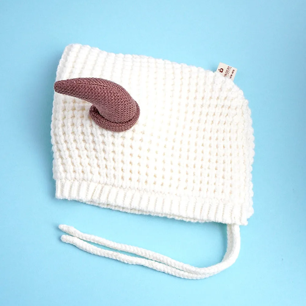 Little Surprise Box White Baby Horns Knitted Soft Woolen Winter Cap With Tie Up 6-18 Months