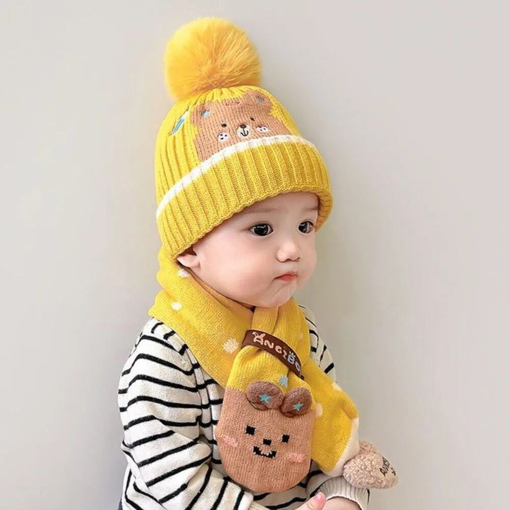 Little Surprise Box Yellow Ted Winter Cap Beanie & Matching Neck Muffler 2pcs Set, 3yrs- 8yrs