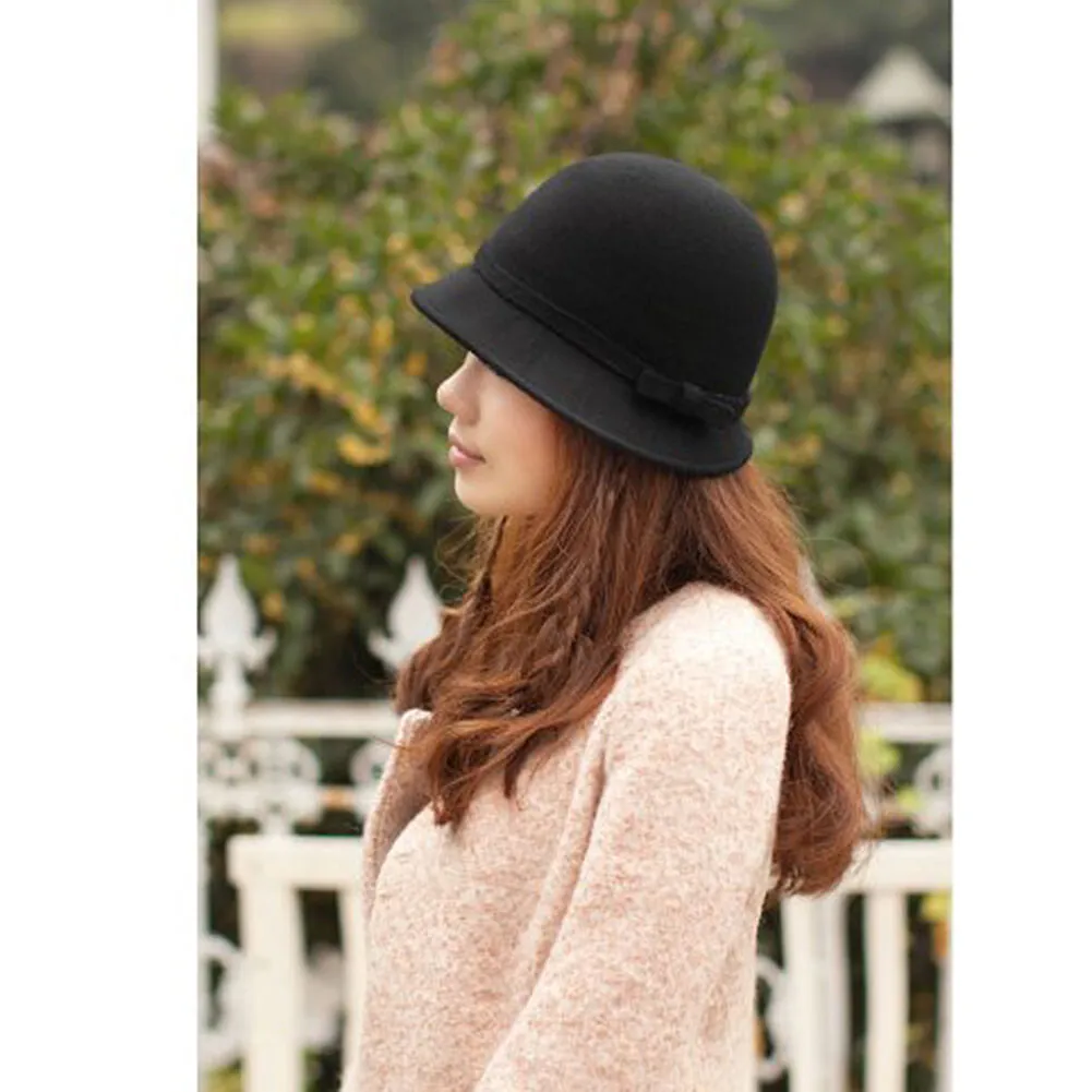 Magik Women Lady Vintage Wool Round Fedora Bow Cloche Derb Felt Bowler Cap Hat