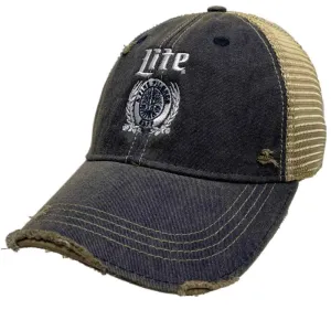 Miller Lite A Fine Pilsner Beer Retro Brand Denim Distressed Mesh Adj. Hat Cap