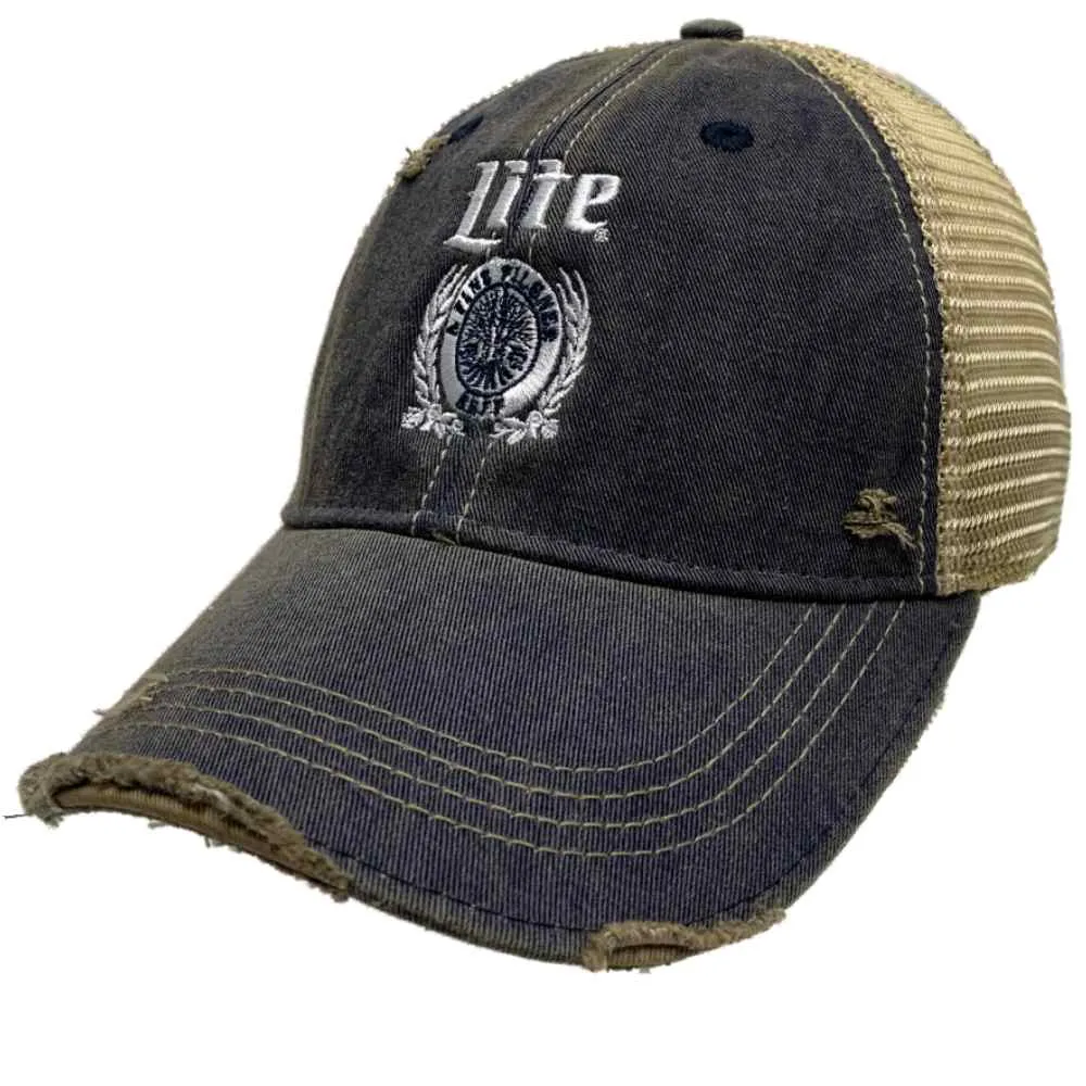 Miller Lite A Fine Pilsner Beer Retro Brand Denim Distressed Mesh Adj. Hat Cap