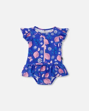 One Piece Swimsuit Royal Blue Printed Pink Lemon