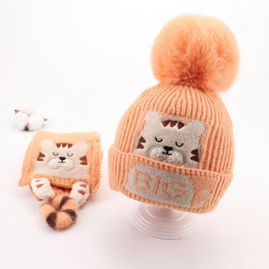 Orange Tiger woven Stretchable Woolen Winter Cap for Kids with Matching Neck Muffler Set (3-10yrs)