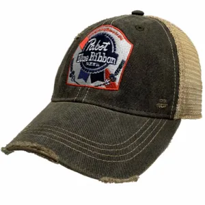 Pabst Blue Ribbon PBR Retro Brand Mudwashed Denim Distressed Mesh Adj. Hat Cap