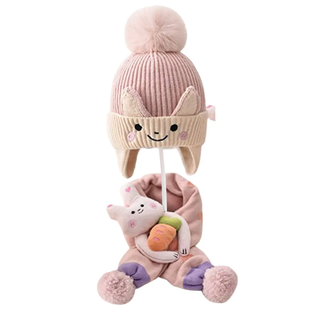 Pink Bunny With Carrot  Kids Winter Cap & Neck Muffler Set