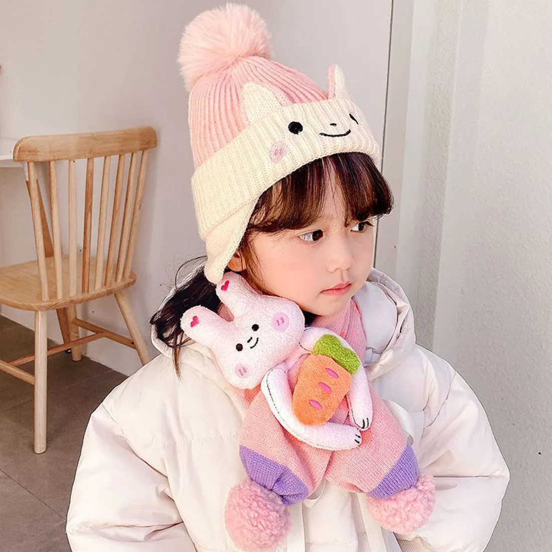 Pink Bunny With Carrot  Kids Winter Cap & Neck Muffler Set