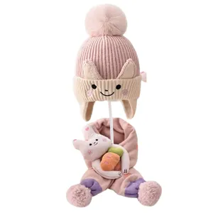 Pink Bunny With Carrot  Kids Winter Cap & Neck Muffler Set