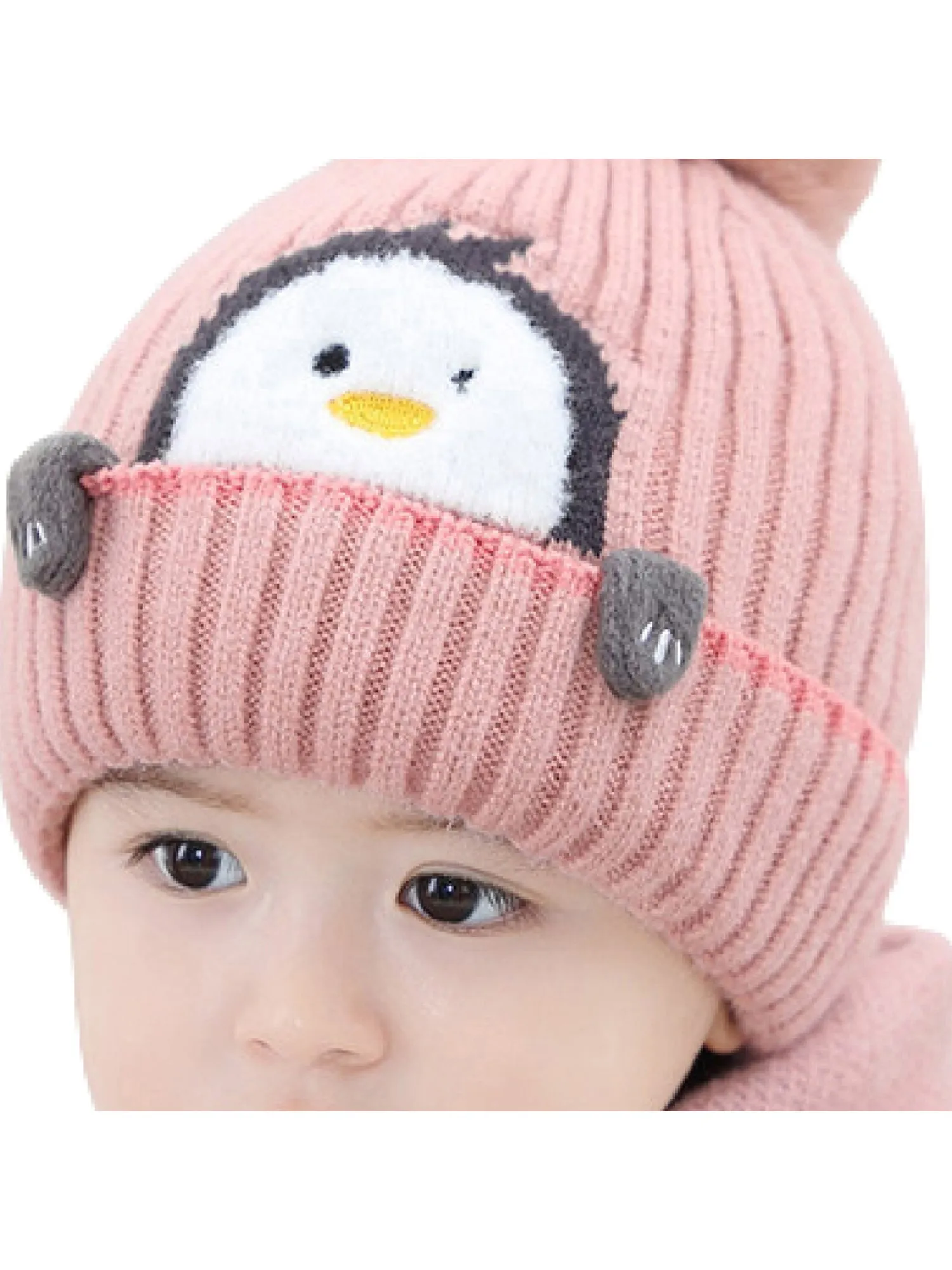 Pink Penguin Woven Stretchable Woolen Winter Cap For Kids With Matching Neck Muffler Set (3-10Yrs)