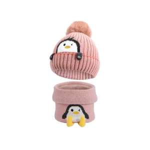 Pink Penguin Woven Stretchable Woolen Winter Cap For Kids With Matching Neck Muffler Set (3-10Yrs)