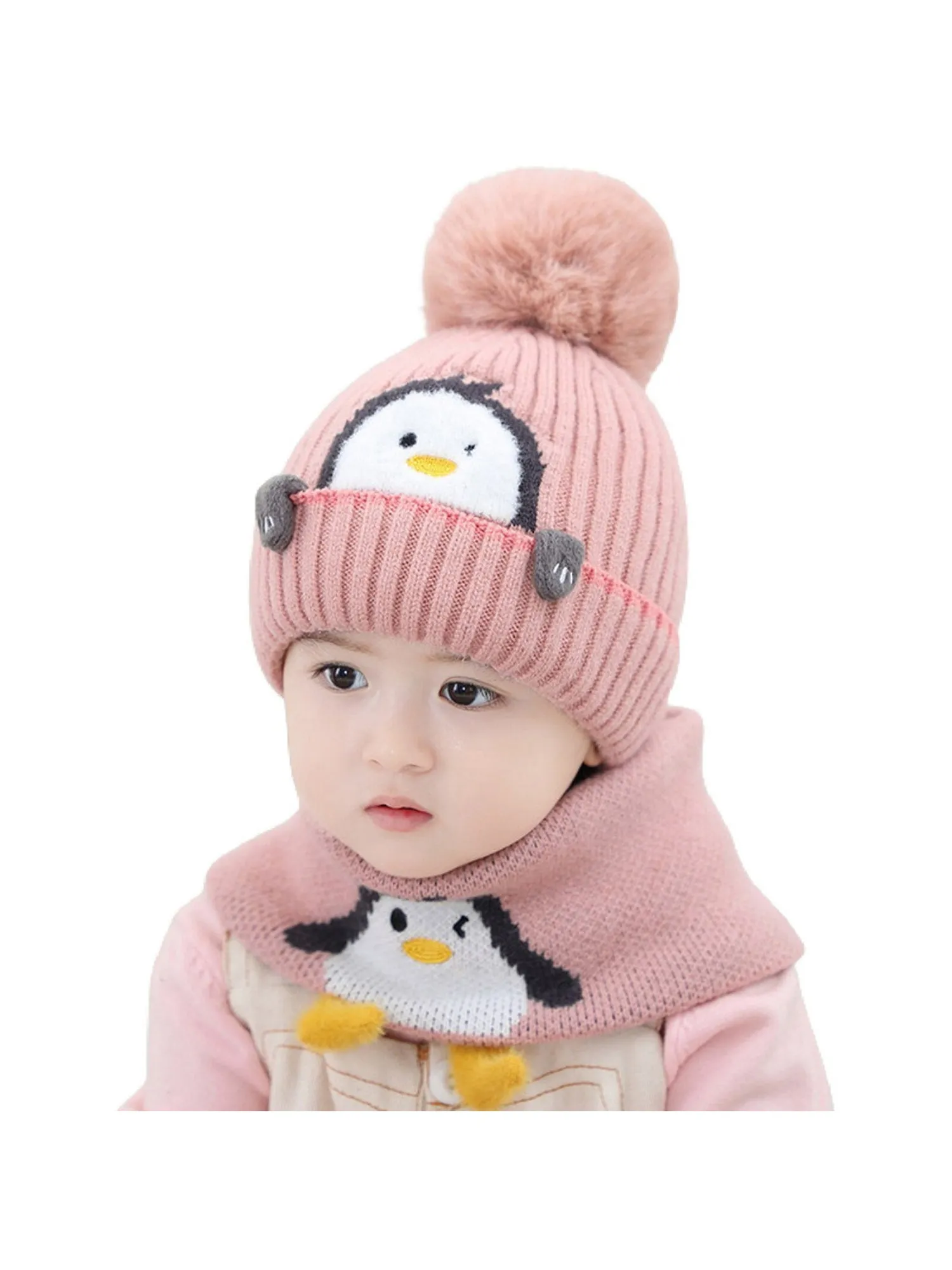 Pink Penguin Woven Stretchable Woolen Winter Cap For Kids With Matching Neck Muffler Set (3-10Yrs)