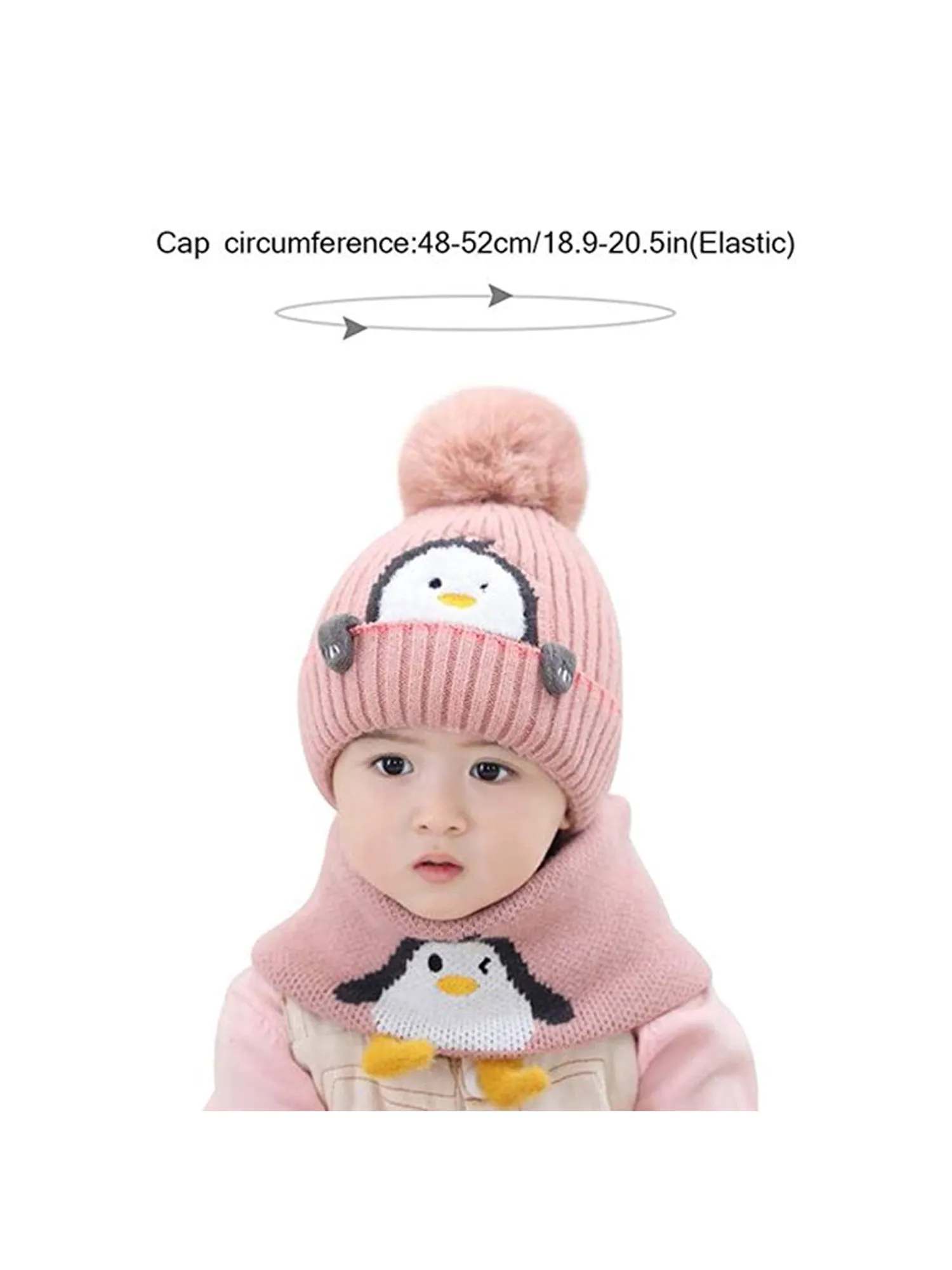 Pink Penguin Woven Stretchable Woolen Winter Cap For Kids With Matching Neck Muffler Set (3-10Yrs)
