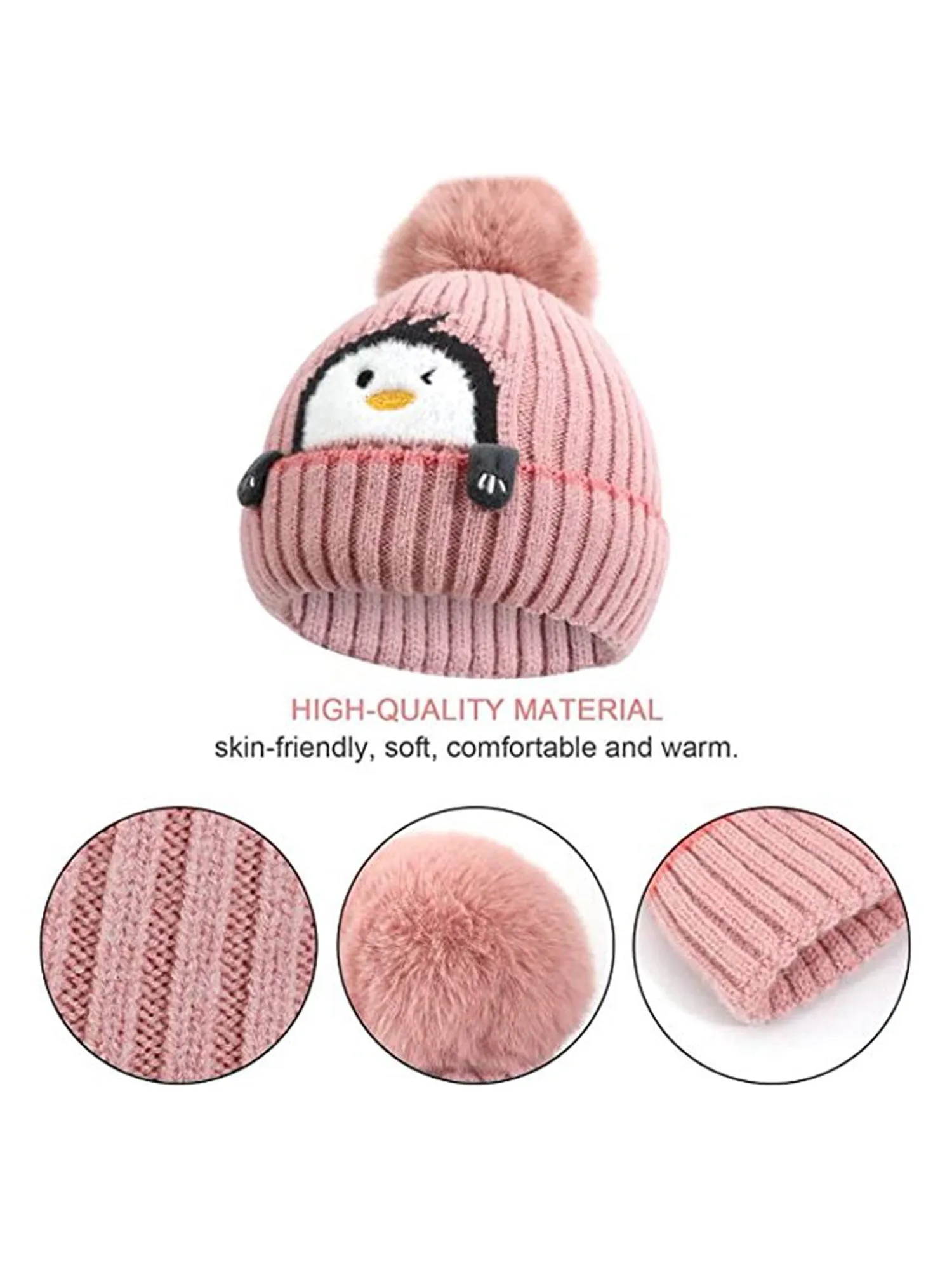 Pink Penguin Woven Stretchable Woolen Winter Cap For Kids With Matching Neck Muffler Set (3-10Yrs)