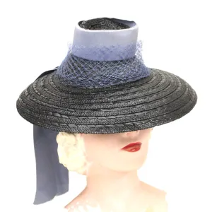 Vintage Brimmed Fascinator Hat Tri-Color Cone 1940s WW2 Navy Blue