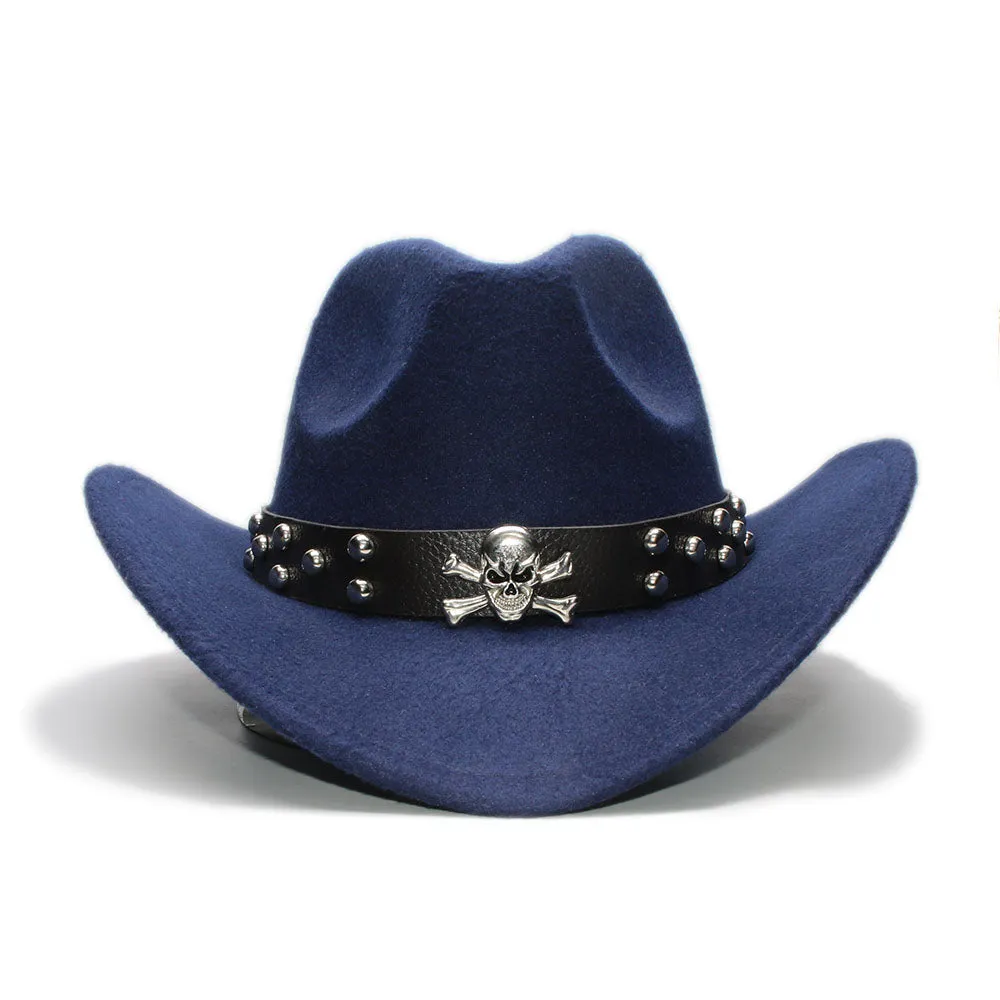 Woollen Fedoras Hats with Skull / Alternative Fashion Retro West Cowboy Hat / Wide Rims Bowler Hat