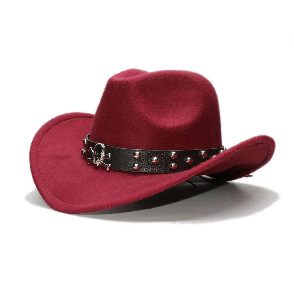 Woollen Fedoras Hats with Skull / Alternative Fashion Retro West Cowboy Hat / Wide Rims Bowler Hat