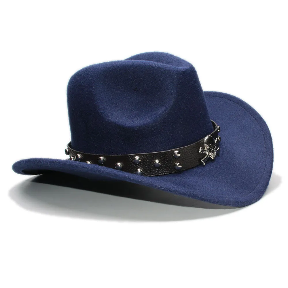 Woollen Fedoras Hats with Skull / Alternative Fashion Retro West Cowboy Hat / Wide Rims Bowler Hat