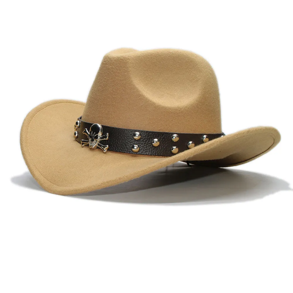 Woollen Fedoras Hats with Skull / Alternative Fashion Retro West Cowboy Hat / Wide Rims Bowler Hat