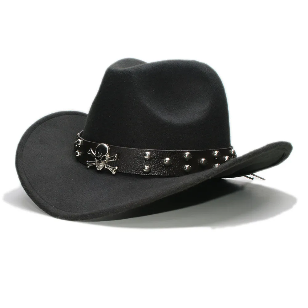 Woollen Fedoras Hats with Skull / Alternative Fashion Retro West Cowboy Hat / Wide Rims Bowler Hat
