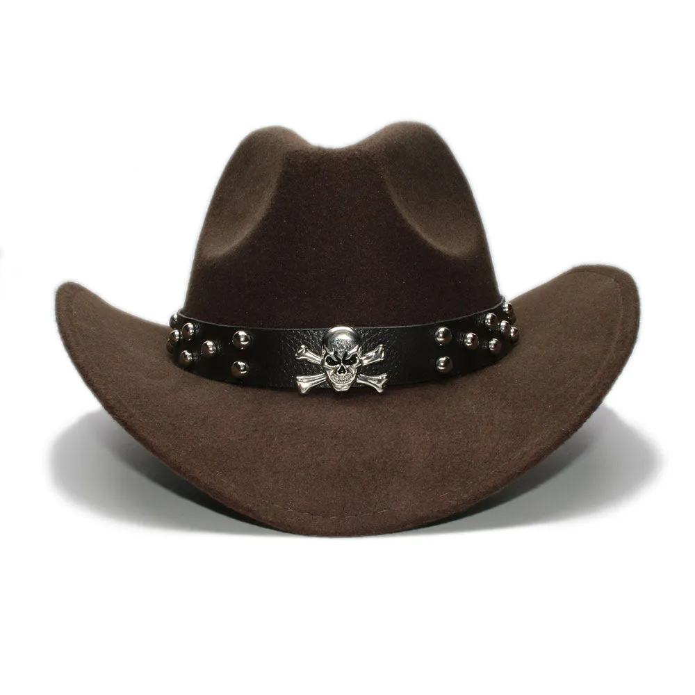 Woollen Fedoras Hats with Skull / Alternative Fashion Retro West Cowboy Hat / Wide Rims Bowler Hat