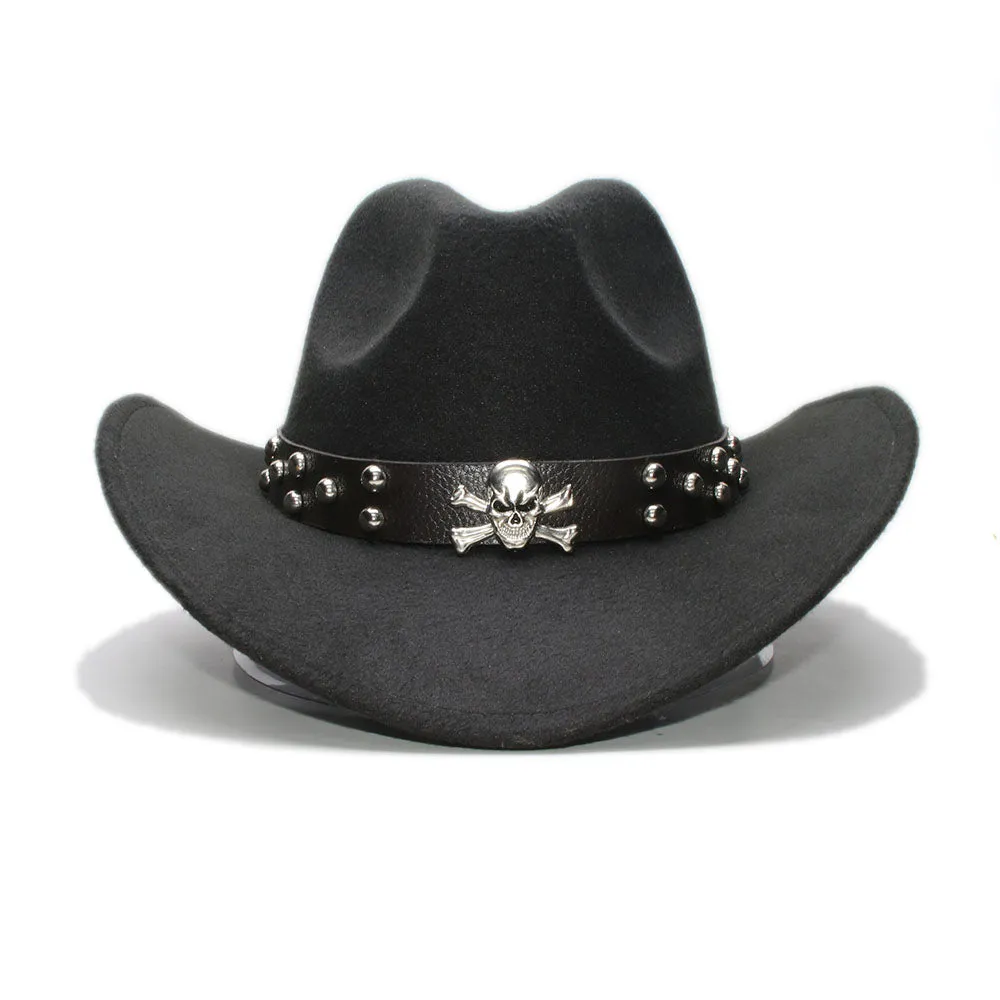 Woollen Fedoras Hats with Skull / Alternative Fashion Retro West Cowboy Hat / Wide Rims Bowler Hat
