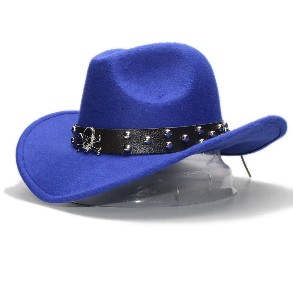 Woollen Fedoras Hats with Skull / Alternative Fashion Retro West Cowboy Hat / Wide Rims Bowler Hat