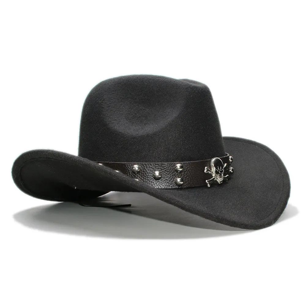 Woollen Fedoras Hats with Skull / Alternative Fashion Retro West Cowboy Hat / Wide Rims Bowler Hat