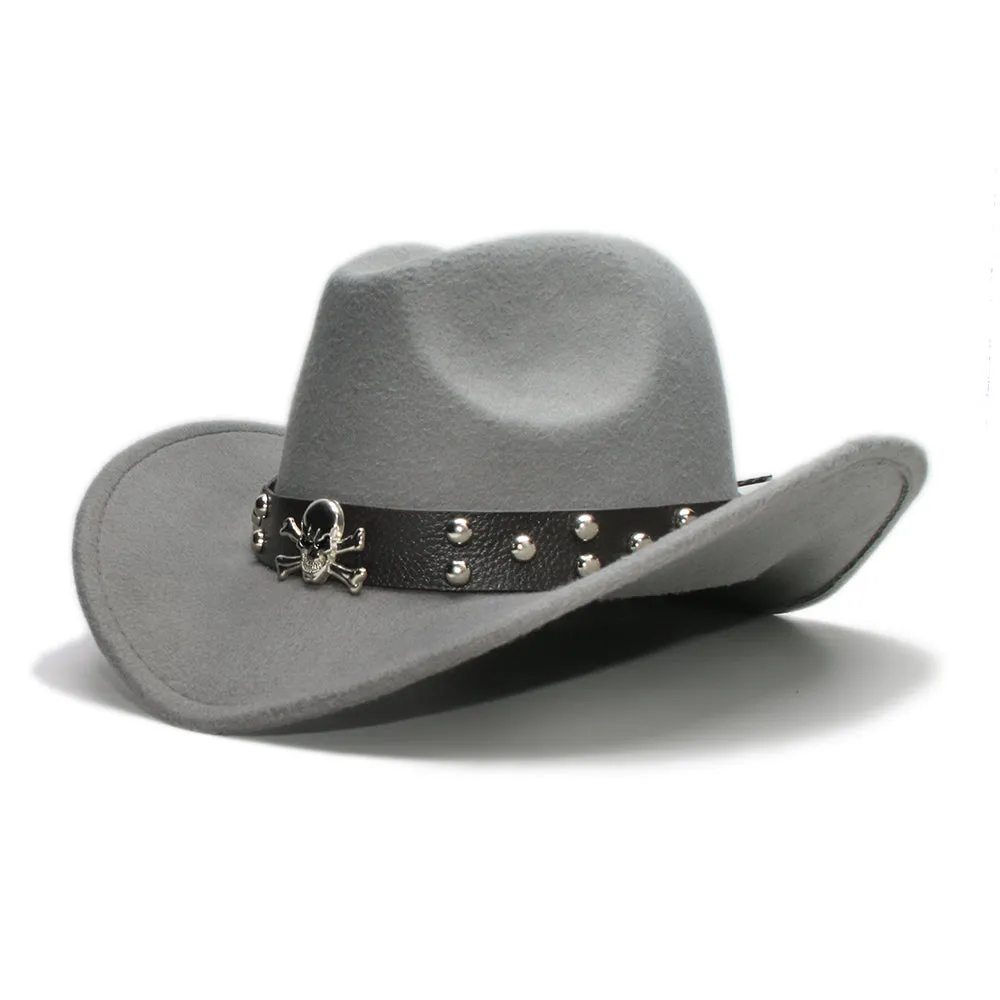 Woollen Fedoras Hats with Skull / Alternative Fashion Retro West Cowboy Hat / Wide Rims Bowler Hat